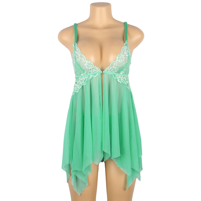 Ladies Sexy  Pea Mesh Babydoll with Flyaway Lace Cup
