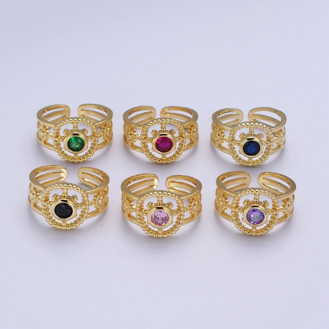 Green, Pink, Blue, Fuchsia, Purple, Black CZ Beaded Bubble Celestial Sun Flower Double Band Ring | O078 - O083