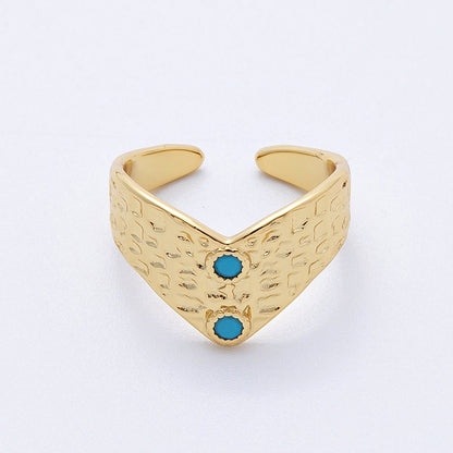 16K Gold Filled Turquoise Dotted Hammered Chevron Ring | Rings-00029