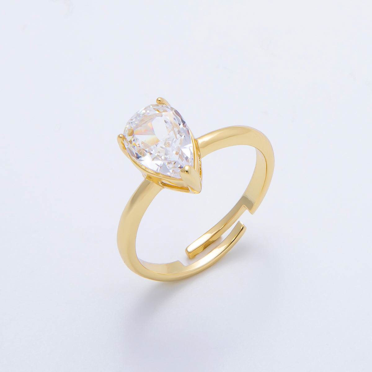 16K Gold Filled Clear CZ Teardrop Solitaire Adjustable Ring in Gold &amp; Silver | Rings-00092 Rings-00121
