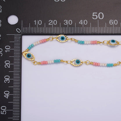 14K Gold Filled Pink, Blue Multicolor Bead Micro Paved Evil Eye Unfinished Chain by Yard | Roll-01418 Roll-01417