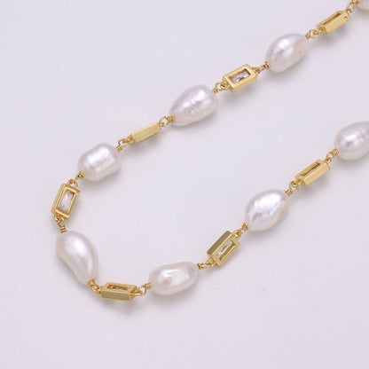 24K Gold Filled Chain by Yard, Baroque Pearl Micro Pave Clear Cubic Square Charm Chain, White Pearl CZ | ROLL-349, ROLL-350, ROLL-351 Clearance Pricing