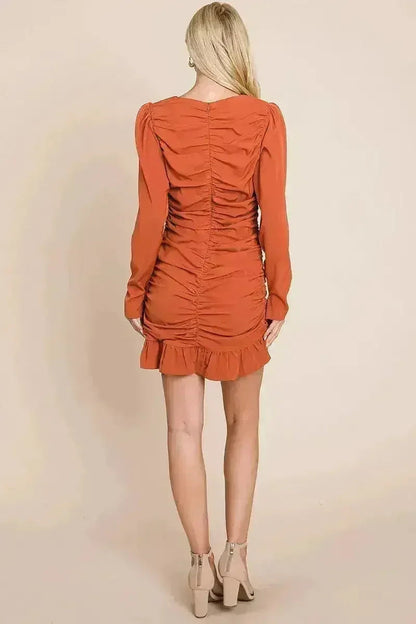 ong Sleeve Ruched Frill Hem Mini Dress