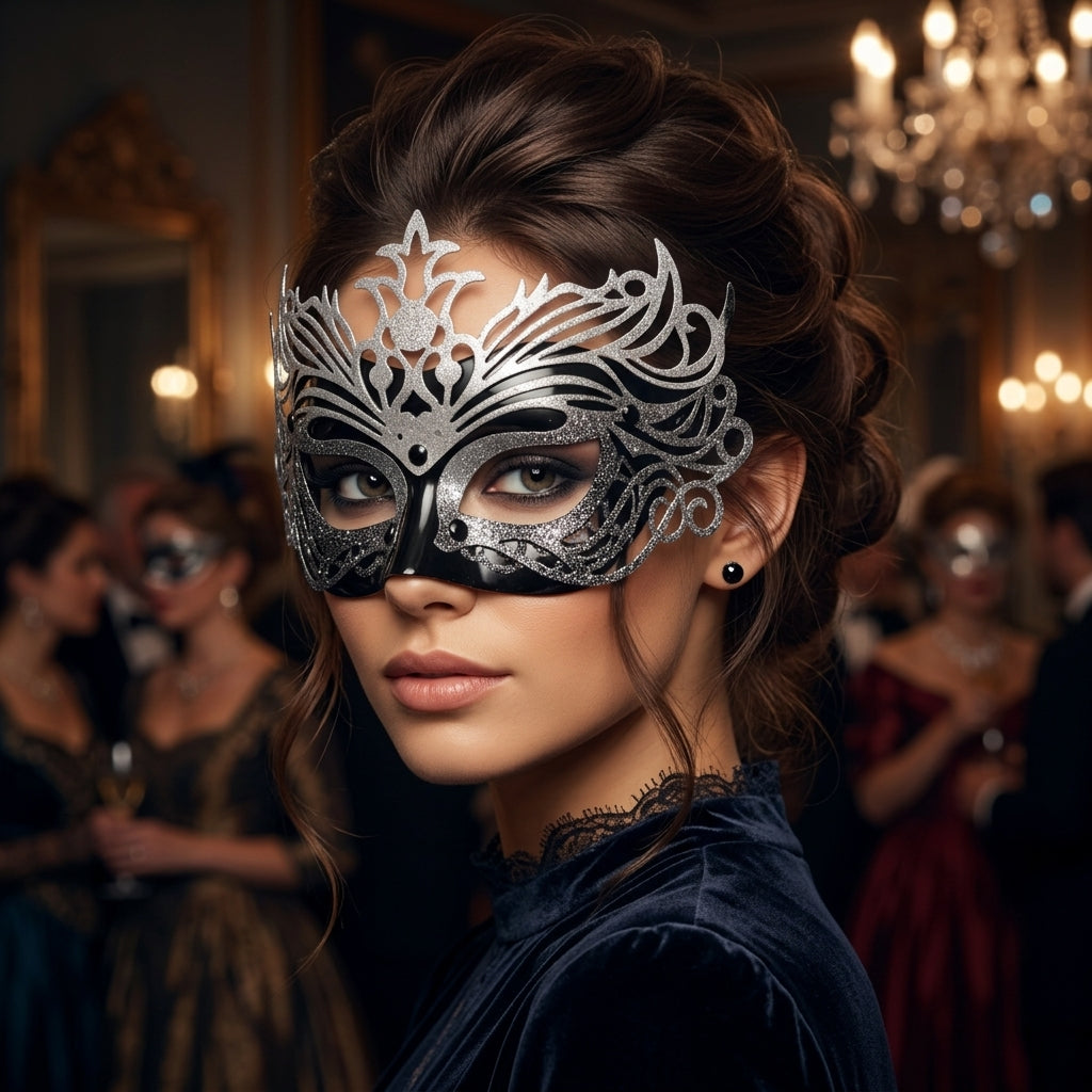 Midnight Elegance: Black &amp; Silver Masquerade Mask