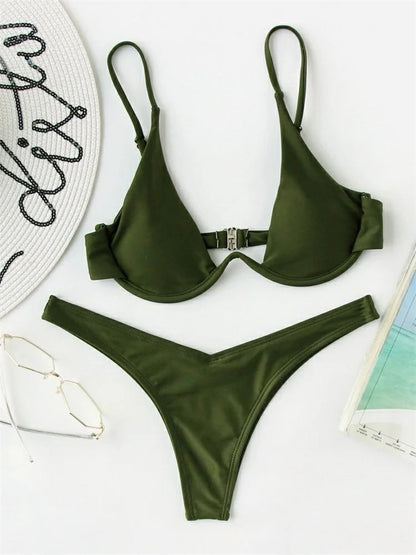 Sexy Underwire Bikini 2026 Mujer Women Solid Red Push Up Bra Thong Swimsuit Haler V Neck Bathing Suit Mini Micro Thong Swimwear