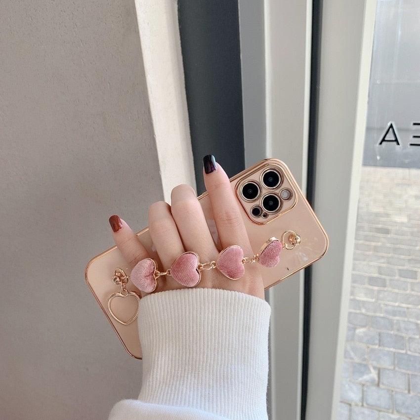 Luxury Women Silicone Phone Case Cover With Wrist Chain Bracelet for iPhone  Wristband Bracelet Hand Holder Cover for iPhone 13 12 11 Pro Max plating Case Heart Chain Cases for iPhone 7 8 Plus XR XS Max X
