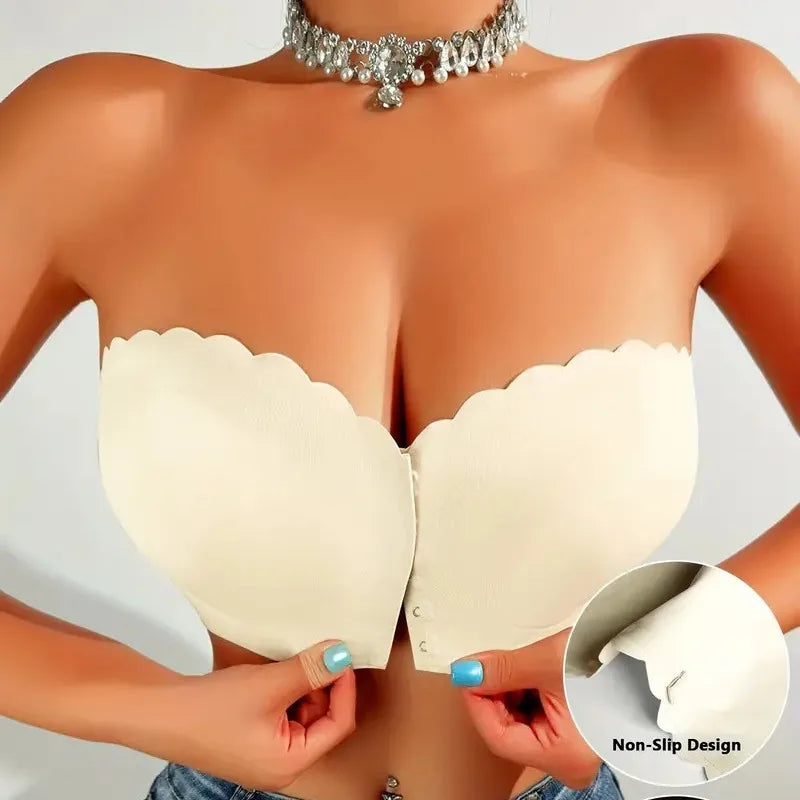 Solid Seamless Strapless Front Closure Wireless Strapless Bra, Sexy Comfy Push Up Bra, Women&