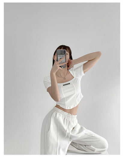 Curved Crop Tops Women Summer Square Collar Short Sleeve T-Shirt Fashion Slim Woman