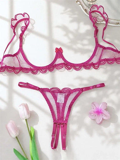 Sexy Women Bra Set Rose Red Mesh Lingerie Three-point Intimate Underwear Bow Underwire Bralette Crotchless Thong Lingerie Set
