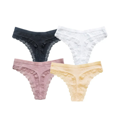 4Pcs/Set Women Cotton Panties Thongs Low Rise G-string Lace Underwear Female Underpants M-XL Sexy Lingerie Panties Intimates