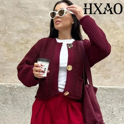 HXAO Knitted Sweater Cardigan For Women Autumn Long Sleeve Cropped Cardigans Ladies Outerwears Winter Button Knit Sweater