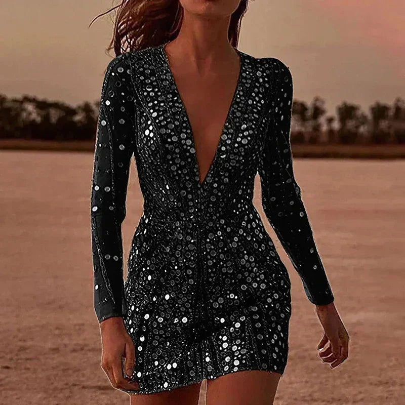 Sexy Deep V Neck Long Sleeve Shiny Dress Elegant Sequins Women&