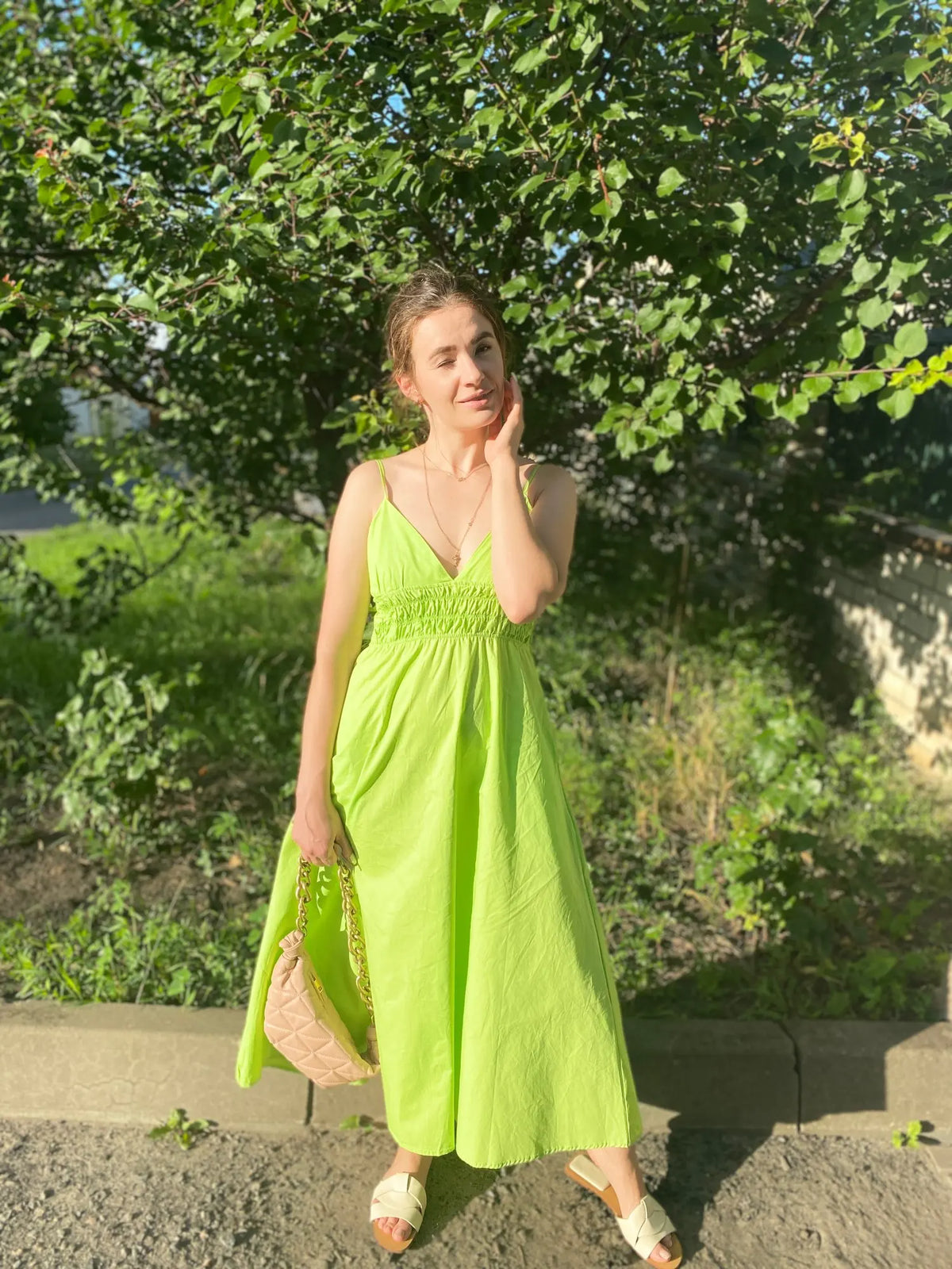 Foridol Elastic Smocking Green Cotton V Neck Summer Women&
