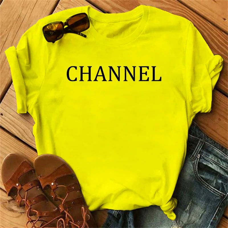 100% pure cotton summer loose-fitting CHANNEL letter print casual fitted round-neck short-sleeve t-shirt top
