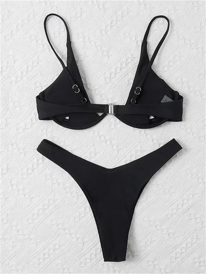 Sexy Underwire Bikini 2026 Mujer Women Solid Red Push Up Bra Thong Swimsuit Haler V Neck Bathing Suit Mini Micro Thong Swimwear