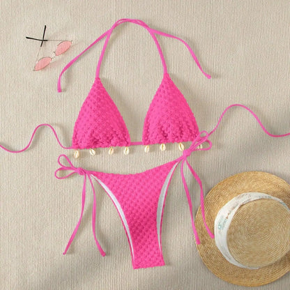 Sexy Bikini Set White Shell Designer Swimsuit 2025 New Halter Push Up Micro Bikinis Summer Bathing Suit Tie Side Thong Swimwear