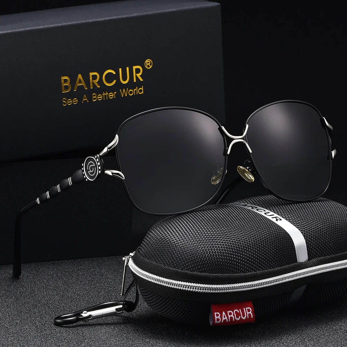 BARCUR Women’s Polarized Sunglasses – Oversized Elliptical Black Frame UV400 Protection Outdoor Fashion Mirror Leg Design High Quality Trendy Style Sunglasses for Travel Driving &amp; Summer Apparel
