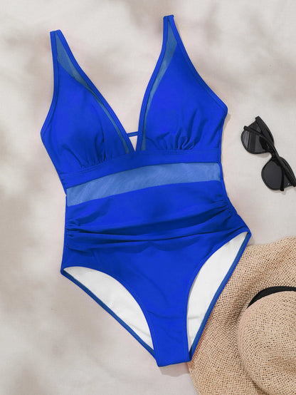 Solid Color One Piece Bikini for Women,sexy Deep-V Neck Suspender Backless Swimsuit,high Waist Translucent Striped Mesh Swimwear