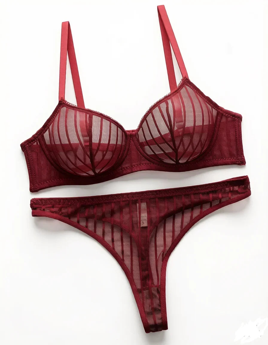 Fashion Stripes Style Lace Lingerie Set Ultra-Thin Red Lace Bra &amp; Thong Sexy Ultra-Thin Underwear Set Ideal Gift for Her MR2864