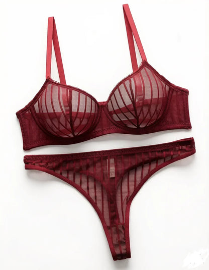 Fashion Stripes Style Lace Lingerie Set Ultra-Thin Red Lace Bra &amp; Thong Sexy Ultra-Thin Underwear Set Ideal Gift for Her MR2864