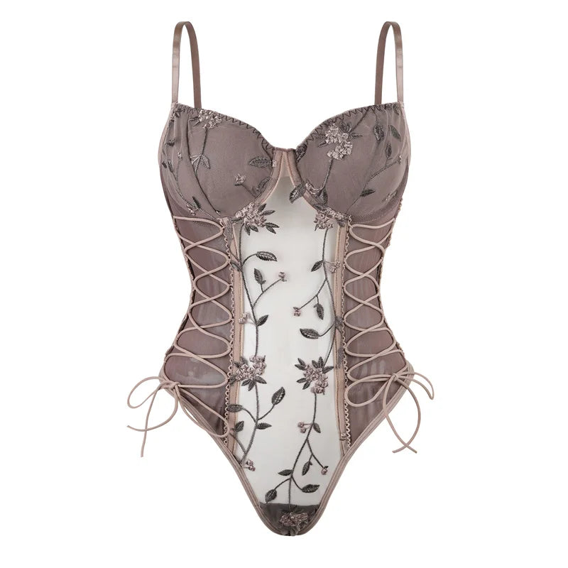 Floral Embroidery Mesh Bodysuit Women Steel Ring One-Piece Sexy Lingerie Lace Up See Through Summer Sleeveless Lace Bodysuits