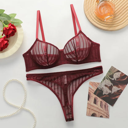 Fashion Stripes Style Lace Lingerie Set Ultra-Thin Red Lace Bra &amp; Thong Sexy Ultra-Thin Underwear Set Ideal Gift for Her MR2864