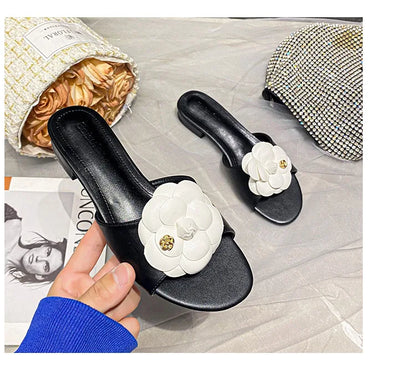 High End Luxury Flower Slippers Women Camellia Shoes Open Toe Slides Femme Outside&amp;Home Pantuflas Sandals Ladies Flip Flops