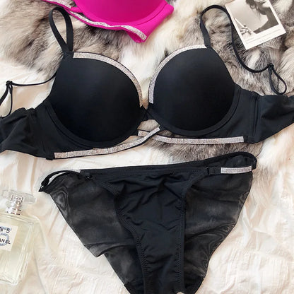 Sexy Women Underwear Set Cross Hollow Bra Fashion Rhinestones Cup Solid Color Push Up Brassiere Deep V Lingerie 2 Pieces Set