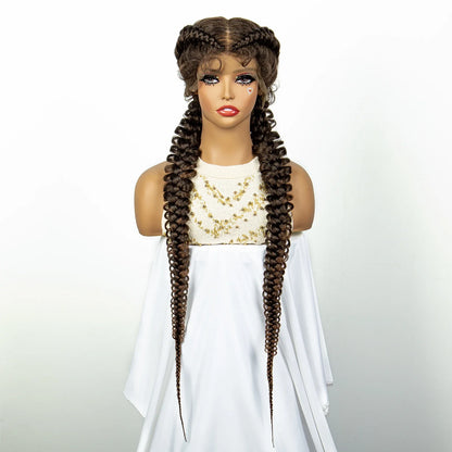 1B/30 Dark Brown Synthetic Lace Frontal Dutch Box Braided Wigs for Black Women Fishtail Braids Wigs with Baby Hair Cornrow Wigs