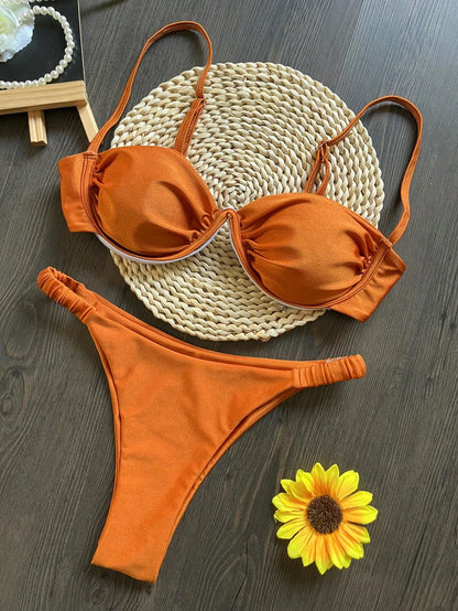 Sexy Steel bracket Solid color Bikini Set Women&