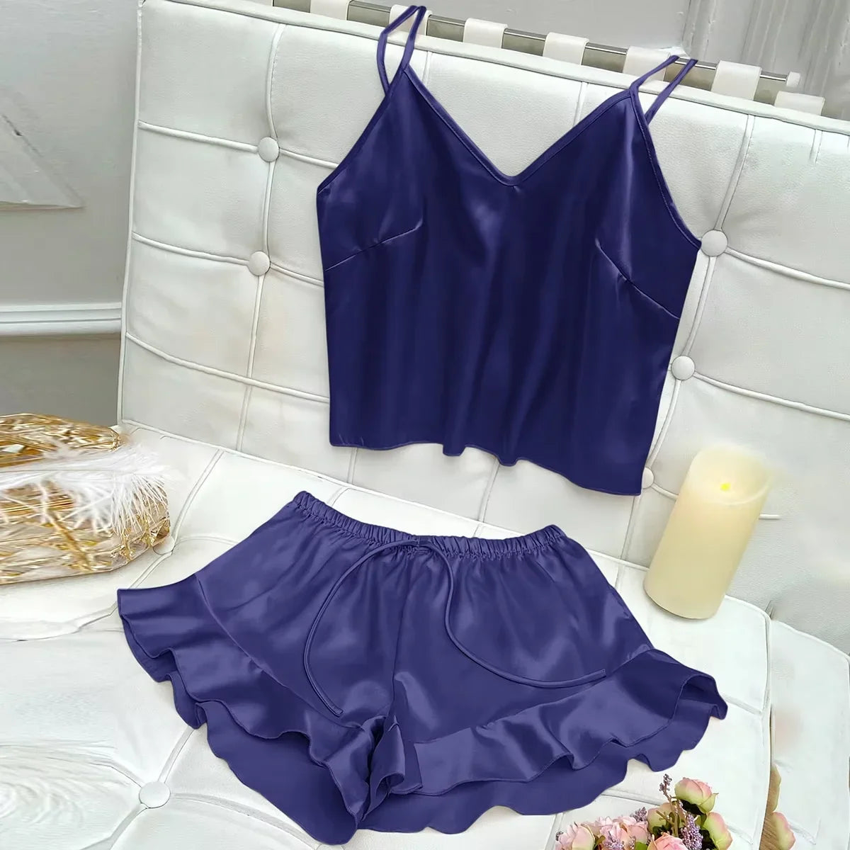 Solid Satin Pajama Set V Neck Cami Top Ruffle Shorts Women&