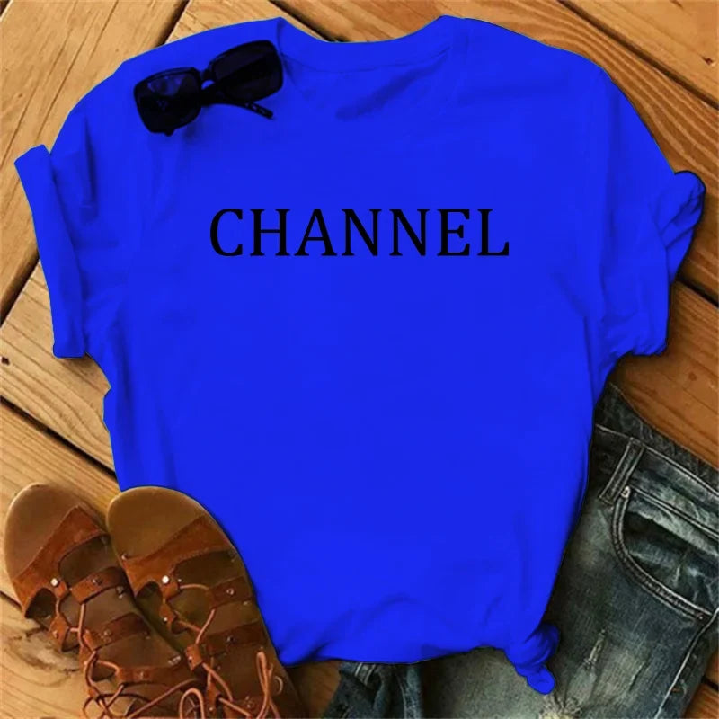 100% pure cotton summer loose-fitting CHANNEL letter print casual fitted round-neck short-sleeve t-shirt top
