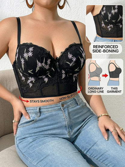 Plus Size Floral Embroidered Lace Bustier Bra – Push Up, Tummy Control &amp; Non-Slip Corset Top