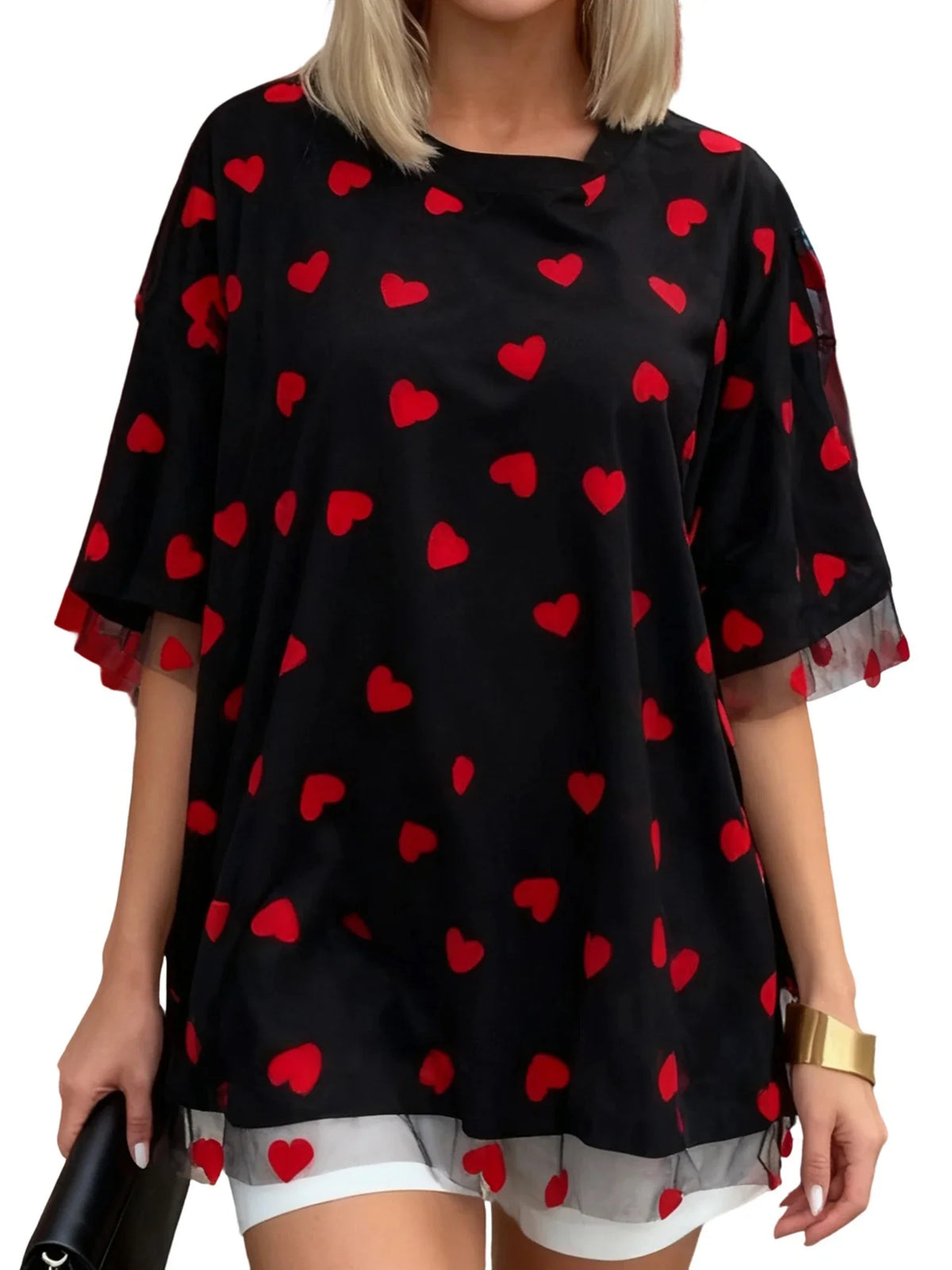 Summer T-Shirt Women Casual Loose Fit Stylish Love Heart Print Crew Neck Short Sleeve Tops