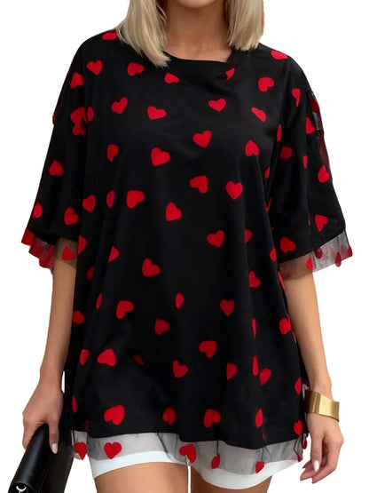 Summer T-Shirt Women Casual Loose Fit Stylish Love Heart Print Crew Neck Short Sleeve Tops