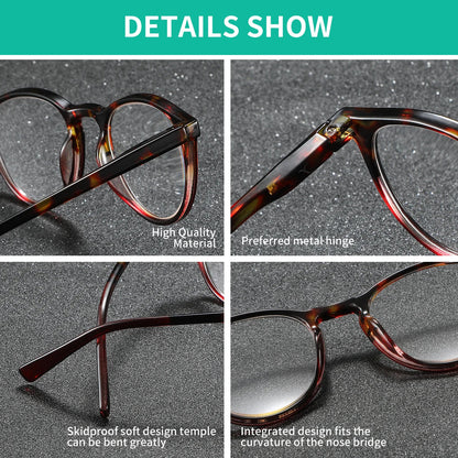 BARCUR Simple Men’s Presbyopia Glasses Comfortable Lightweight Leopard Pattern PC Anti-Slip Round Frame Transparent Acrylic Lenses for Women’s Reading Glasses