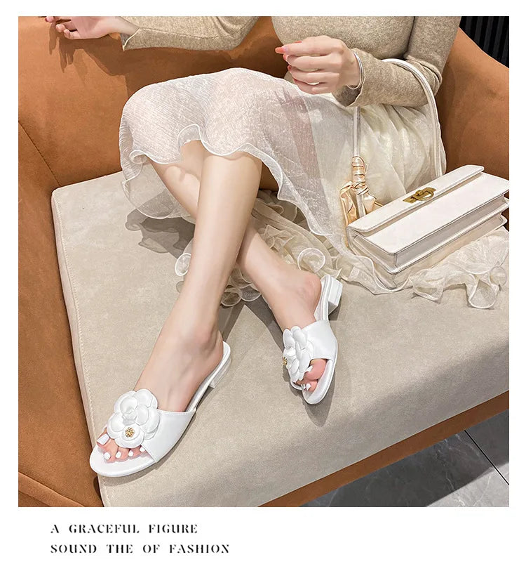 High End Luxury Flower Slippers Women Camellia Shoes Open Toe Slides Femme Outside&amp;Home Pantuflas Sandals Ladies Flip Flops