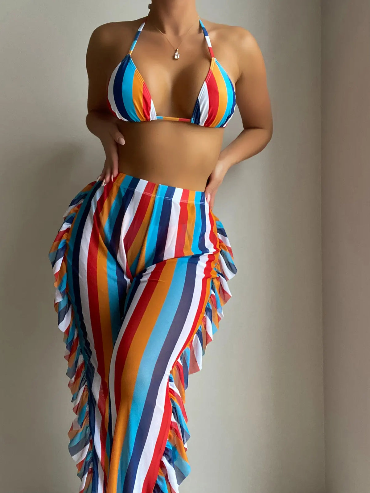 3 Pieces Striped Triangle Bikini Set Swimsuit &amp; Ruffle Pants Swimwear Women 2026 Bathing Suit Female Swimming Summer Beachwear