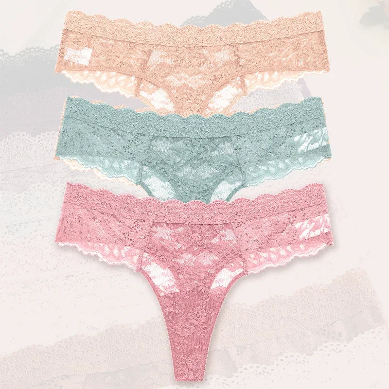 3-Piece Lace Thong Panties for Women – Seamless, Low-Rise Lingerie
