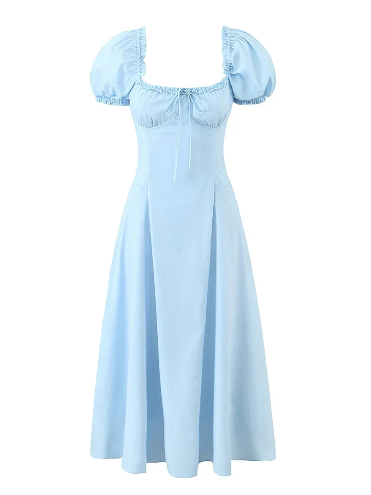 Bowknot Ruffles Light Blue Midi Dress Women&