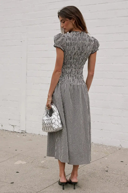 Women Smocked Dress Fashion Elegant Gingham Print Long Midi Dress Female Summer Short Sleeve Crew Neck Spring Dress Streetwear
