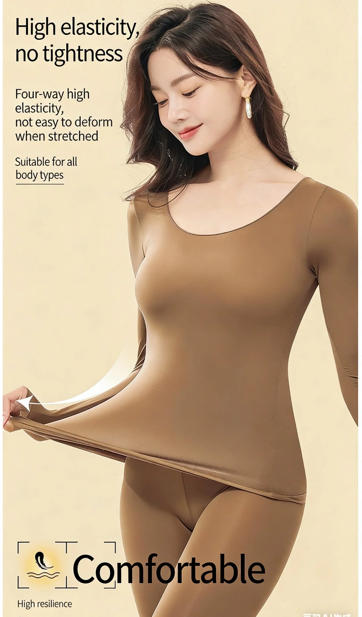 Spring &amp; Autumn Skin-Friendly Top Set Ultra-Thin Seamless Nude Feel High Stretch Long Sleeve Thermal Underwear Women&