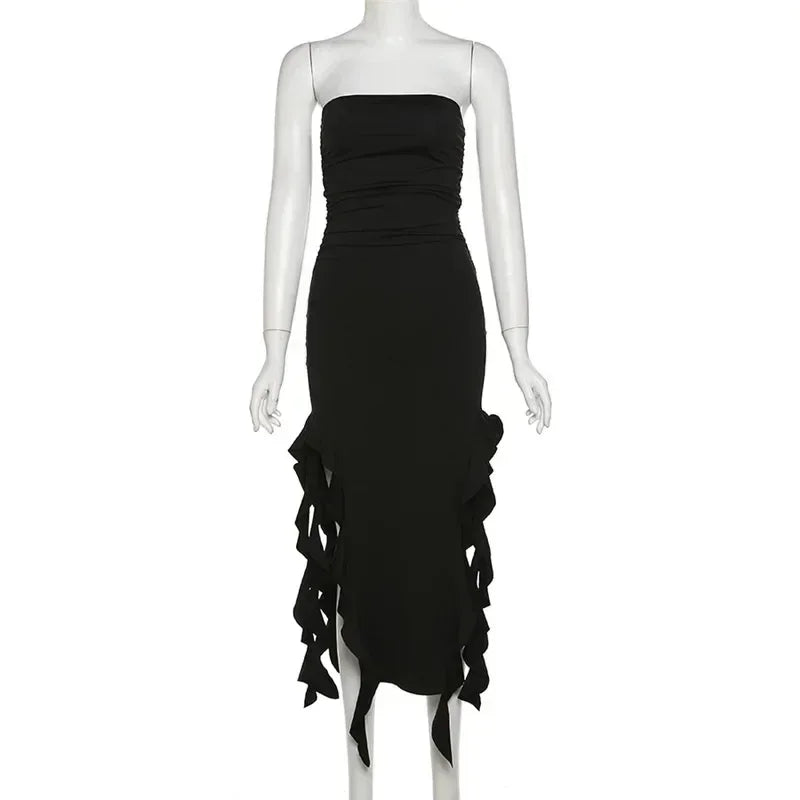 Cryptographic Irregular Ruffle Off Shoulder Sexy Backless Midi Dress for Women Elegant Birthday Vestido Summer Sundresses Ruched