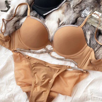 Sexy Women Underwear Set Cross Hollow Bra Fashion Rhinestones Cup Solid Color Push Up Brassiere Deep V Lingerie 2 Pieces Set