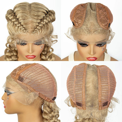 1B/30 Dark Brown Synthetic Lace Frontal Dutch Box Braided Wigs for Black Women Fishtail Braids Wigs with Baby Hair Cornrow Wigs