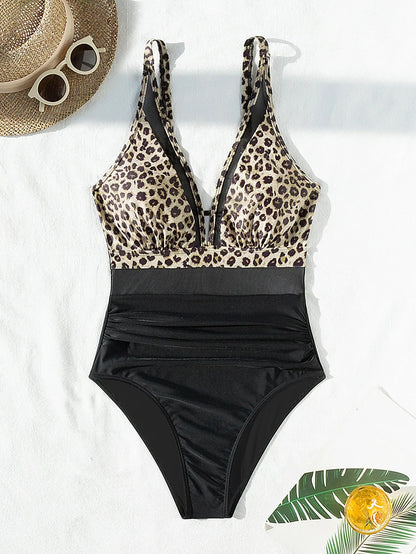 Solid Color One Piece Bikini for Women,sexy Deep-V Neck Suspender Backless Swimsuit,high Waist Translucent Striped Mesh Swimwear