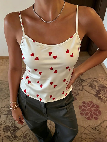 New Women Satin Top Heart Print Camisole Slim Fit Sleeveless Crop Top Elegant Ladies Pajama for Different Occasions