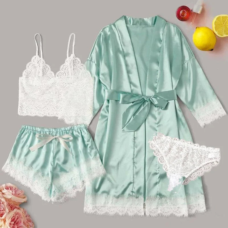 4PCS Women Pajama Suit Fashion V-Neck Stretch Silk Satin Robe Lace Sexy Lingerie Bathrobe Bowknot Pyjamas Shorts Set Sleepwear