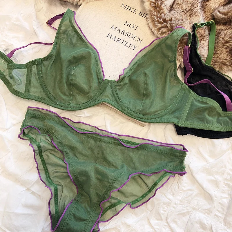 French Ultra Thin Bralette for Women Underwear Top Sexy Deep V Push Up Bra Set Summer Comfort Breathable Lingerie and Panties