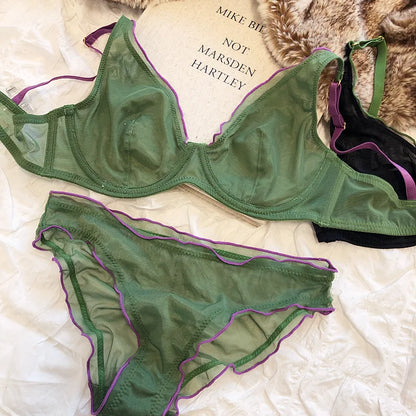 French Ultra Thin Bralette for Women Underwear Top Sexy Deep V Push Up Bra Set Summer Comfort Breathable Lingerie and Panties